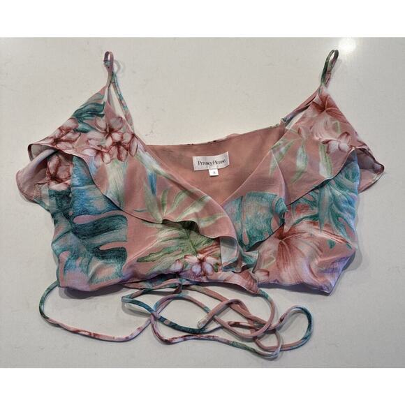 Privacy Please Women’s Size Small Hawaiin Print Wrap Crop Top Ruffle Tropical - Picture 1 of 5